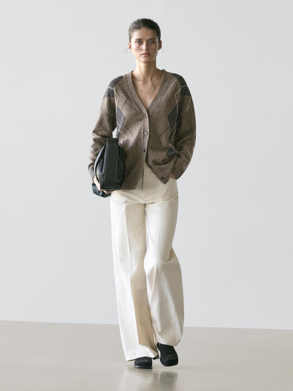 Massimo Dutti Кардиган из шерстяного трикотажа с узором «ромбы», кротово-коричневый