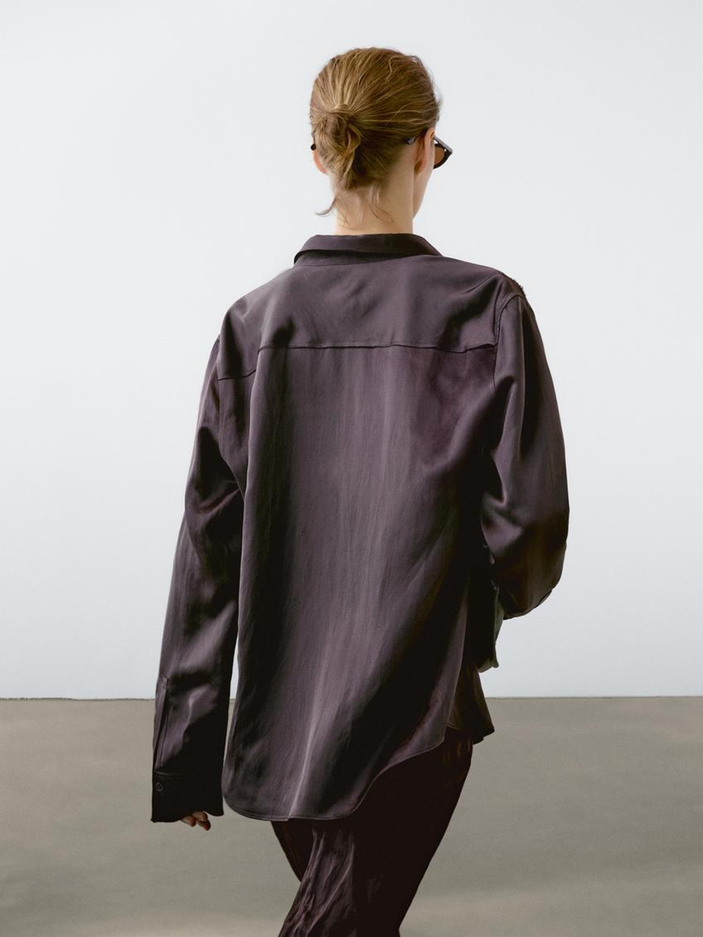 Massimo Dutti Атласная рубашка свободного кроя с длинными рукавами, гранатовый