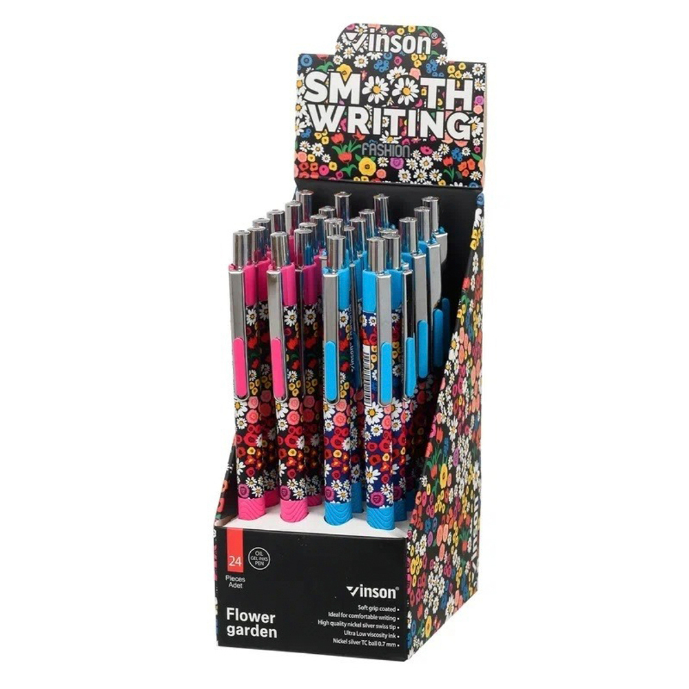 Ручка шариковая, автоматическая, Vinson, синие чернила, серия "Flower garden 2", 24 шт