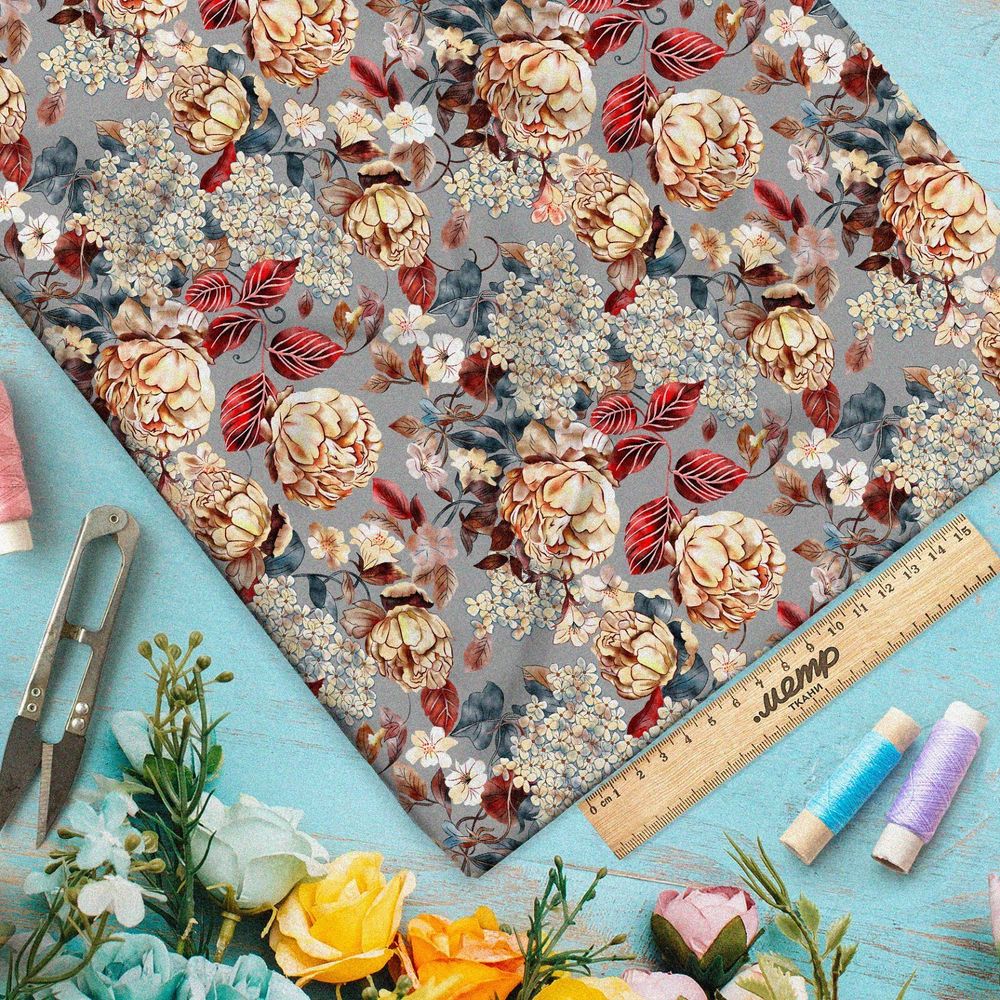 Ткань интерлок цветы золотистые с красноватым