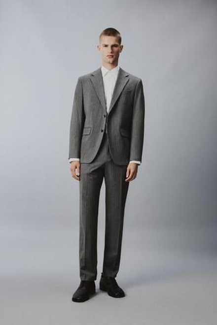 ZARA КОСТЮМНЫЕ БРЮКИ В ТОНКУЮ ПОЛОСКУ ИЗ ШЕРСТИ, СЕРЫЙ