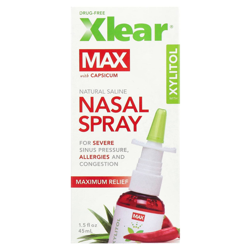 Xlear, спрей для носа с ксилитолом, натуральный солевой раствор, максимальное облегчение, 45 мл (1,5 жидк. унции)