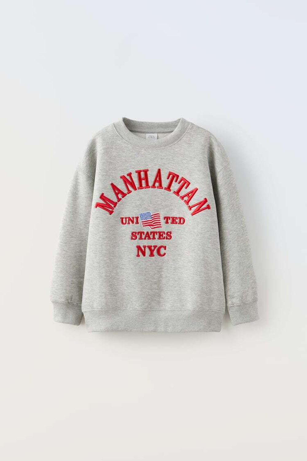 ZARA ТОЛСТОВКА С НАДПИСЬЮ MANHATTAN, СЕРЫЙ С МЕЛАНЖЕВЫМ ЭФФЕКТОМ