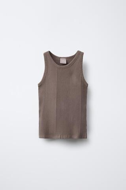 ZARA ТОП В РУБЧИК С НАШИВКОЙ, ОТТЕНОК КОРИЧНЕВОГО
