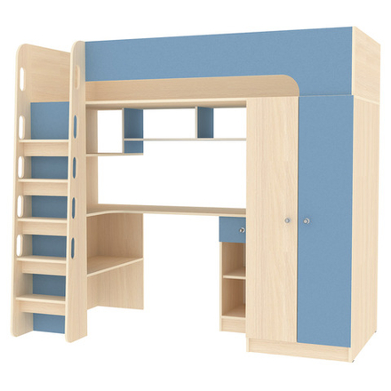 Кровать-чердак КарИВи Астра 10  Дуб Молочный Светло-синий, голубой