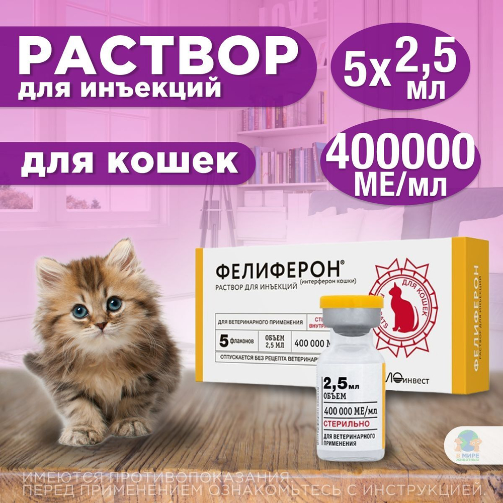 Фелиферон, противовирусный препарат для кошек. Раствор для инъекций, 5 флаконов по 2,5 мл. Интерферон кошки 400 000 МЕ/мл.