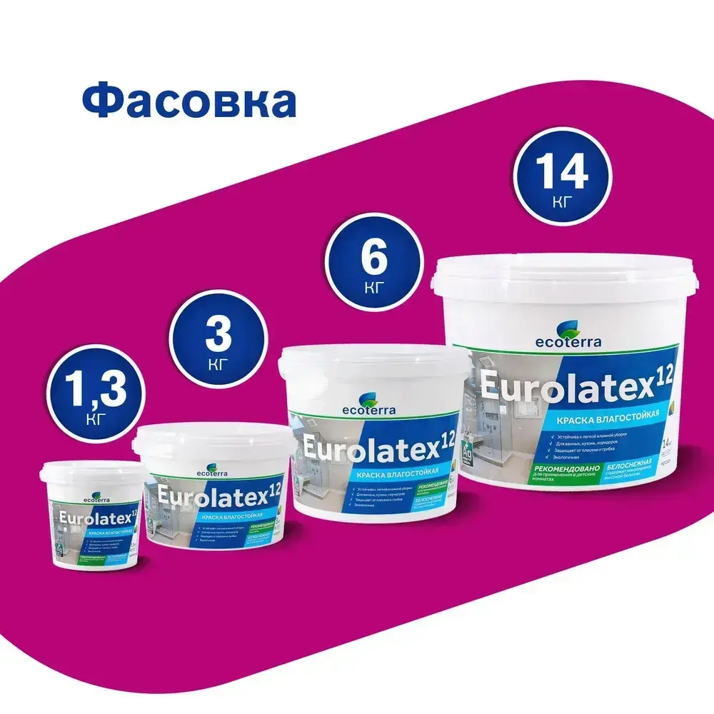 Краска Ecoterra Eurolatex 12 ВД-АК 2180, влагостойкая, АКРИЛОВАЯ, Белоснежная, 1,3кг