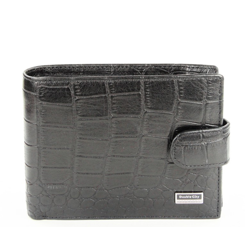 Стильный мужской чёрный кошелёк бумажник портмоне из натуральной кожи под крокодила с отделением для техпаспорта 063-DC9-05A
