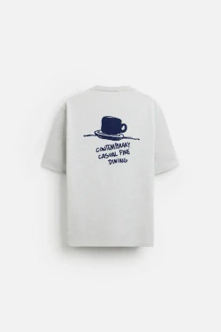 ZARA ФУТБОЛКА С ПРИНТОМ, СЕРЫЙ С МЕЛАНЖЕВЫМ ЭФФЕКТОМ