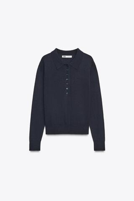 ZARA ОДНОТОННЫЙ ТРИКОТАЖНЫЙ СВИТЕР ПОЛО, МОРСКОЙ СИНИЙ