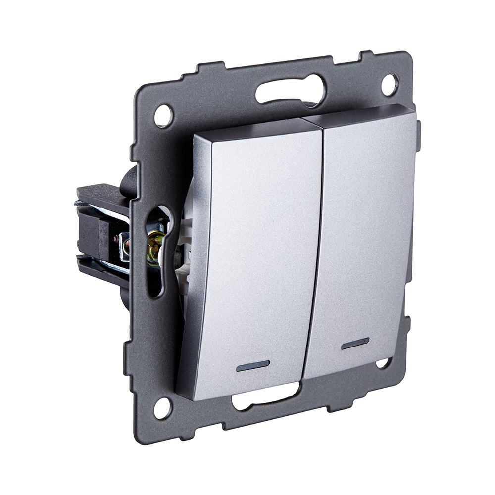 Выключатель 2-клавишный 10А/250В с LED подсветкой, изогнутый, серый Kollinger REA-R-008GY для Aspekt, Eleganz, Reflex