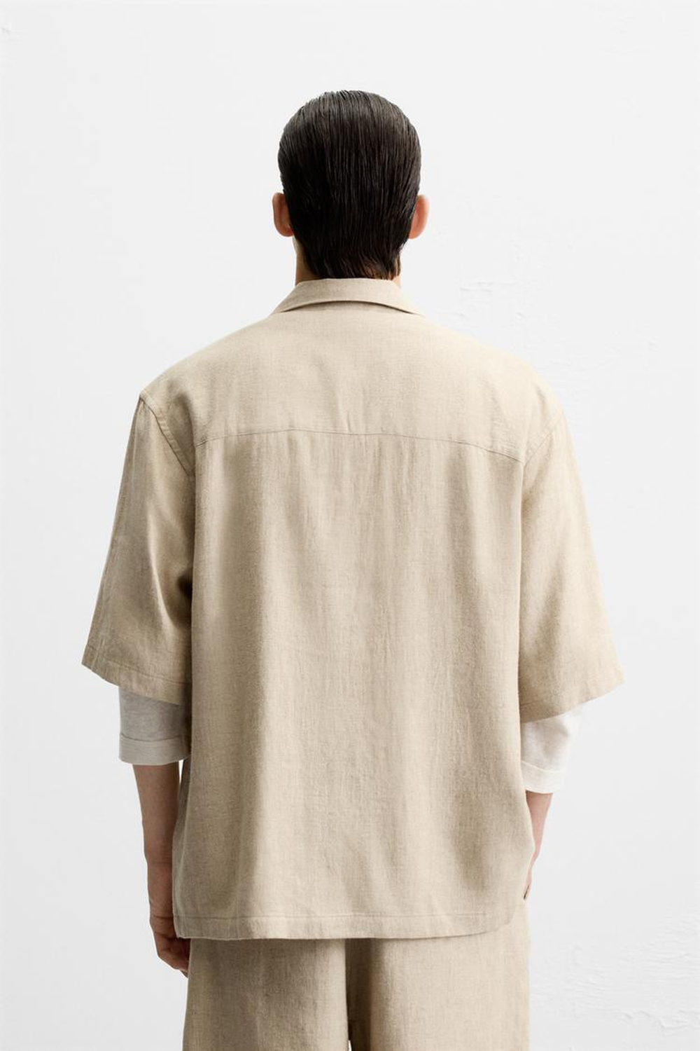 ZARA РУБАШКА ОВЕРСАЙЗ ИЗО ЛЬНА И ВИСКОЗЫ, СВЕТЛО-БЕЖЕВЫЙ