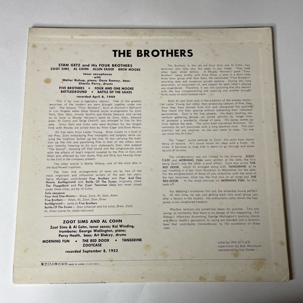 Винтажная виниловая пластинка LP Stan Getz, Al Cohn, Zoot Sims, Allen Eager, Brew Moore, The Brothers (Japan 1975) (No Obi)