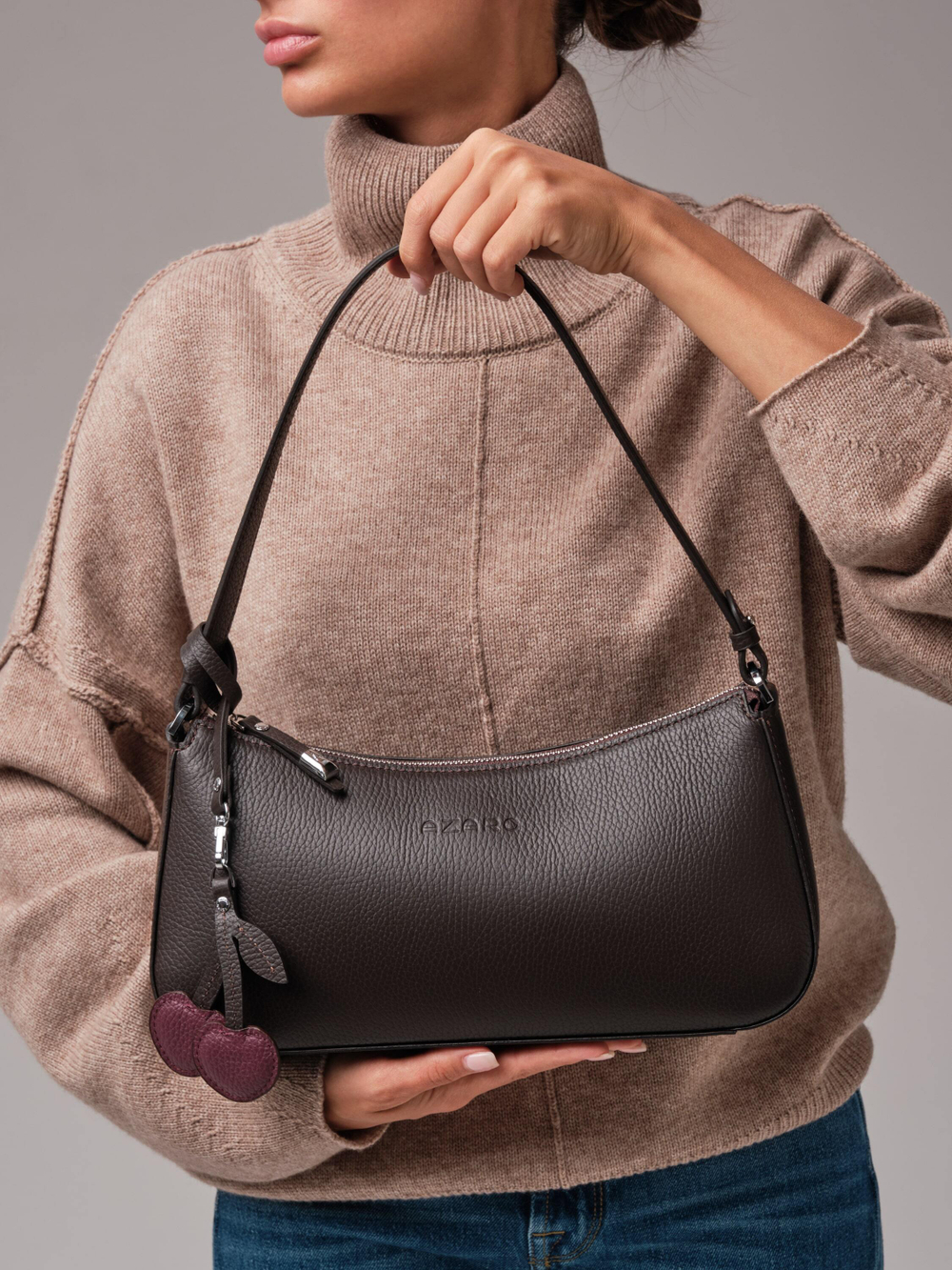 Кожаная сумка багет кросс-боди коричневый шоколад