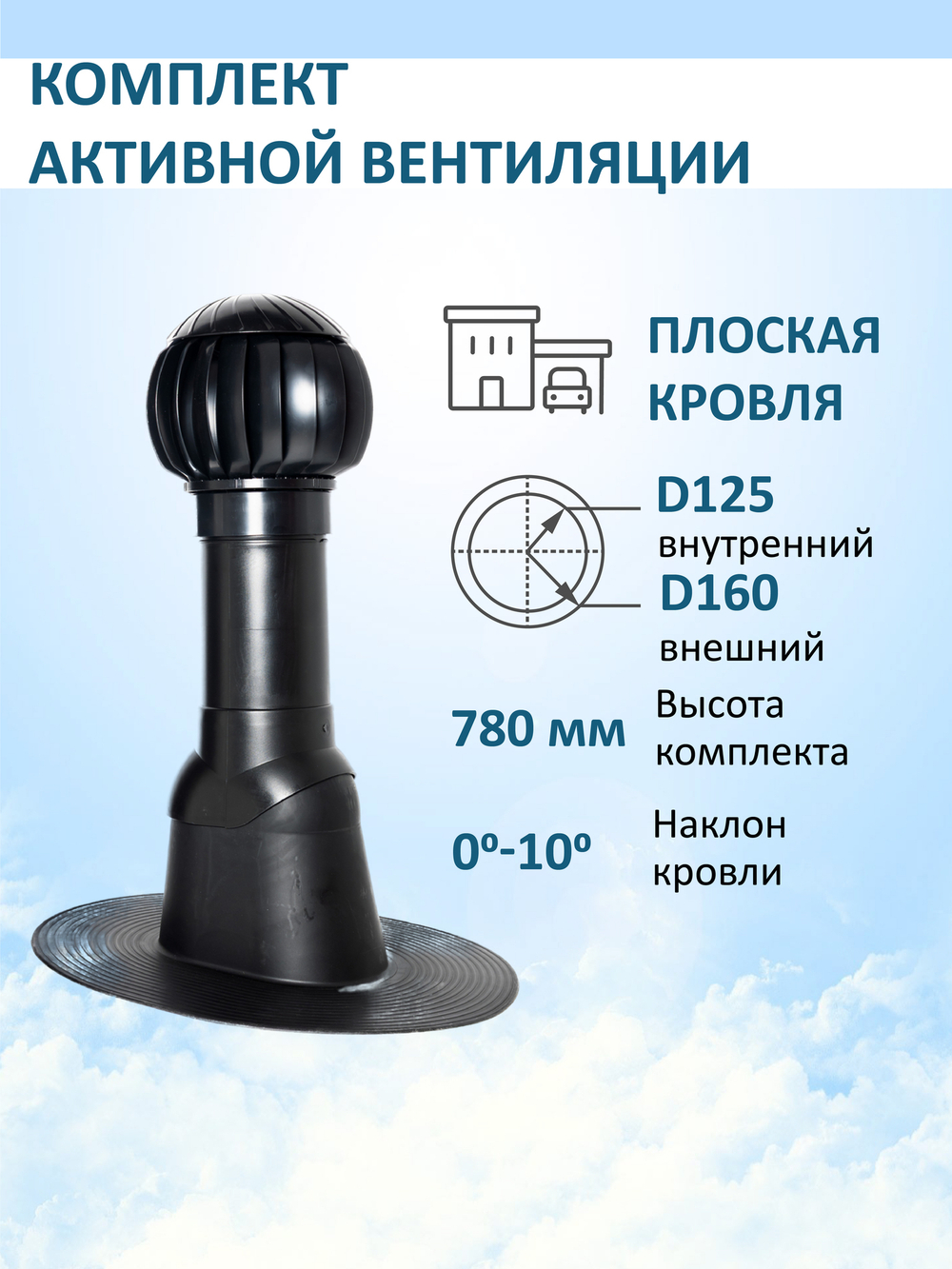 Комплект активной вентиляции: Вентиляционный выход изолированный D125/160 утепленный высота H=500 мм, проходной элемент для плоской кровли ТП-187, ротационная вентиляционная турбина Ø 160 мм серия Twister, коричневый