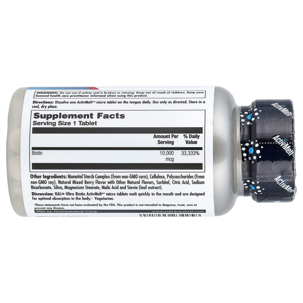 KAL, Ultra Biotin, ActivMelt™, биотин, со вкусом ягодного ассорти, 10 000 мкг, 60 микротаблеток