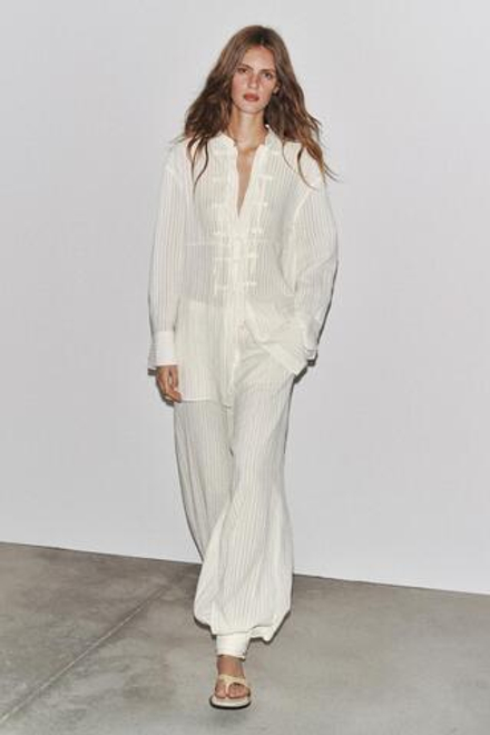 ZARA РУБАШКА В ПОЛОСКУ С ЗАВЯЗКАМИ — ZW COLLECTION, ЭКРЮ