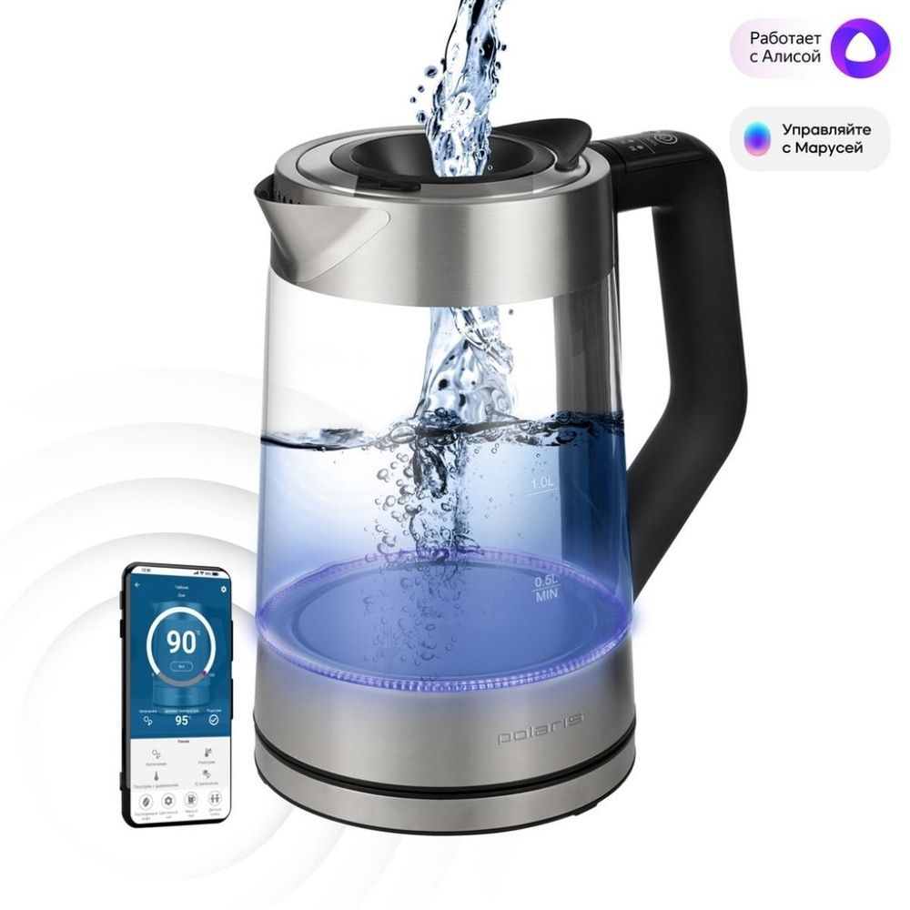Чайник электрический Polaris, PWK 1725CGLD WIFI IQ Home, 1.7 л, 2200 Вт, ск нагр элем, стекло