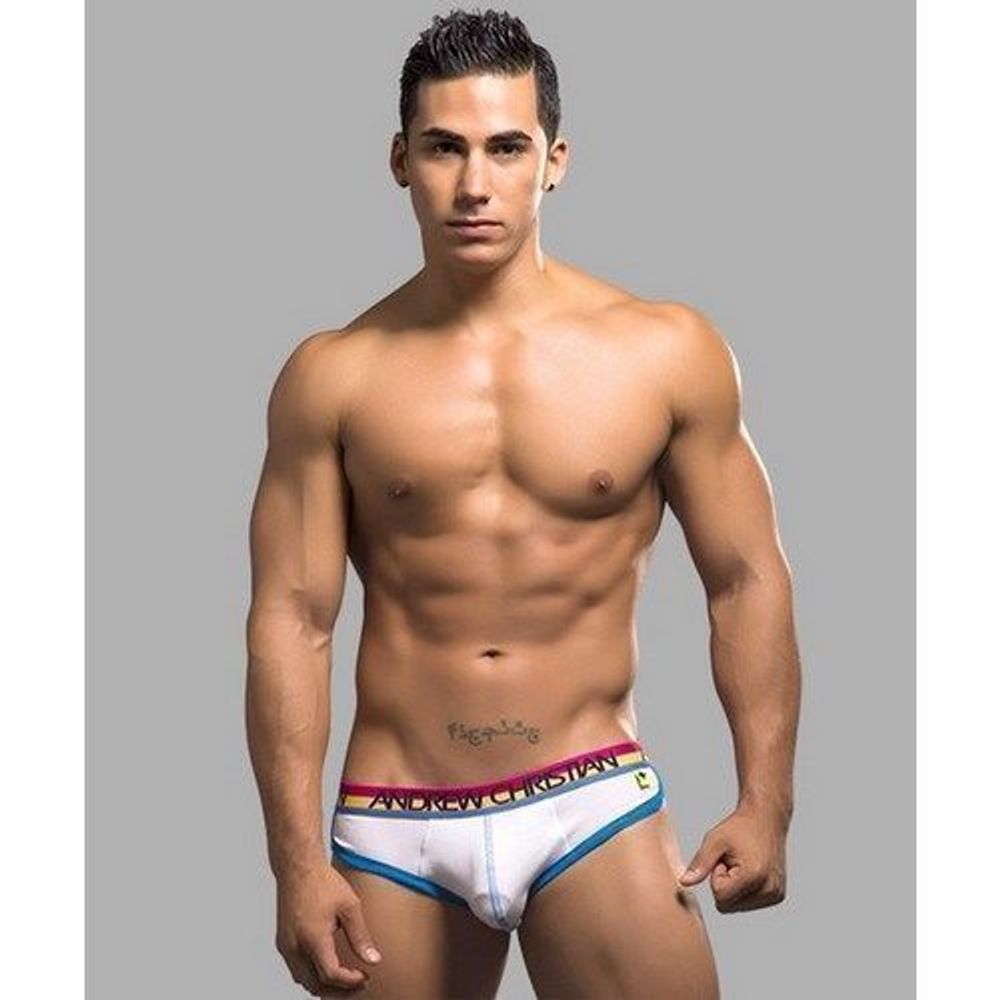 Мужские трусы брифы белые с цветной резинкой Andrew Christian