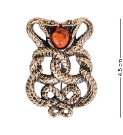 AM- 711 Брошь «Змеи Переплетение» (латунь, янтарь)