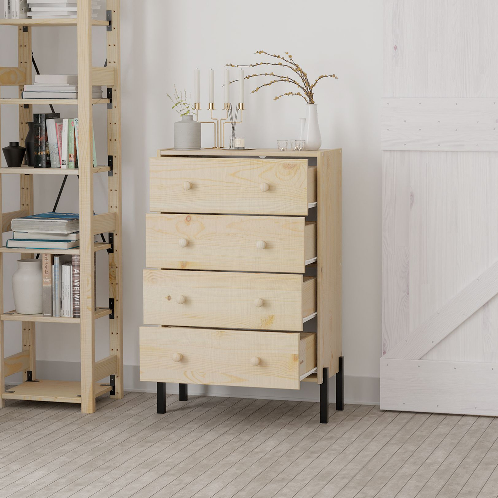 Комод 62х30х98, Раст, c 4 ящиками для одежды, в спальню, детскую, на металлических ножках, массив сосны в натуральной отделке, IKEA
