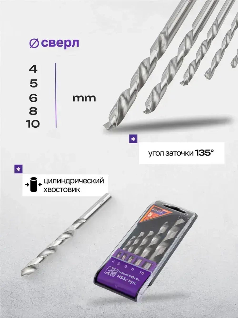 Сверла по металлу, набор 5пр. (4-6, 8, 10мм)