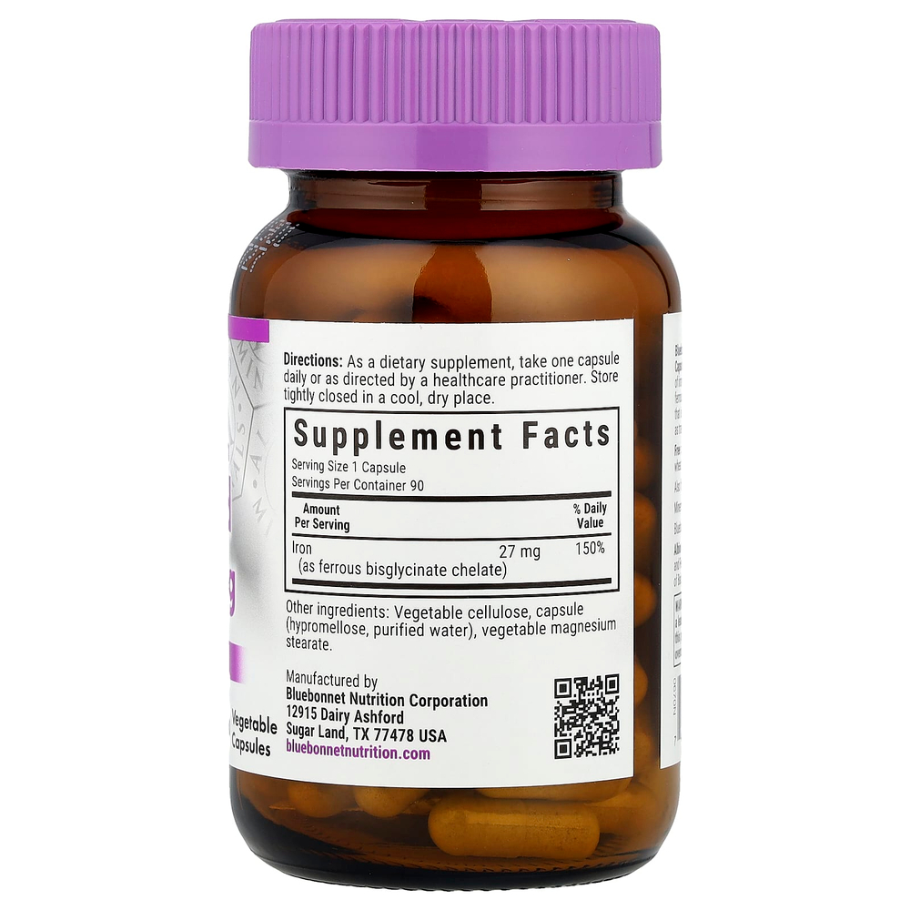 Bluebonnet Nutrition, хелатное железо, повышенная сила действия, 27 мг, 90 растительных капсул
