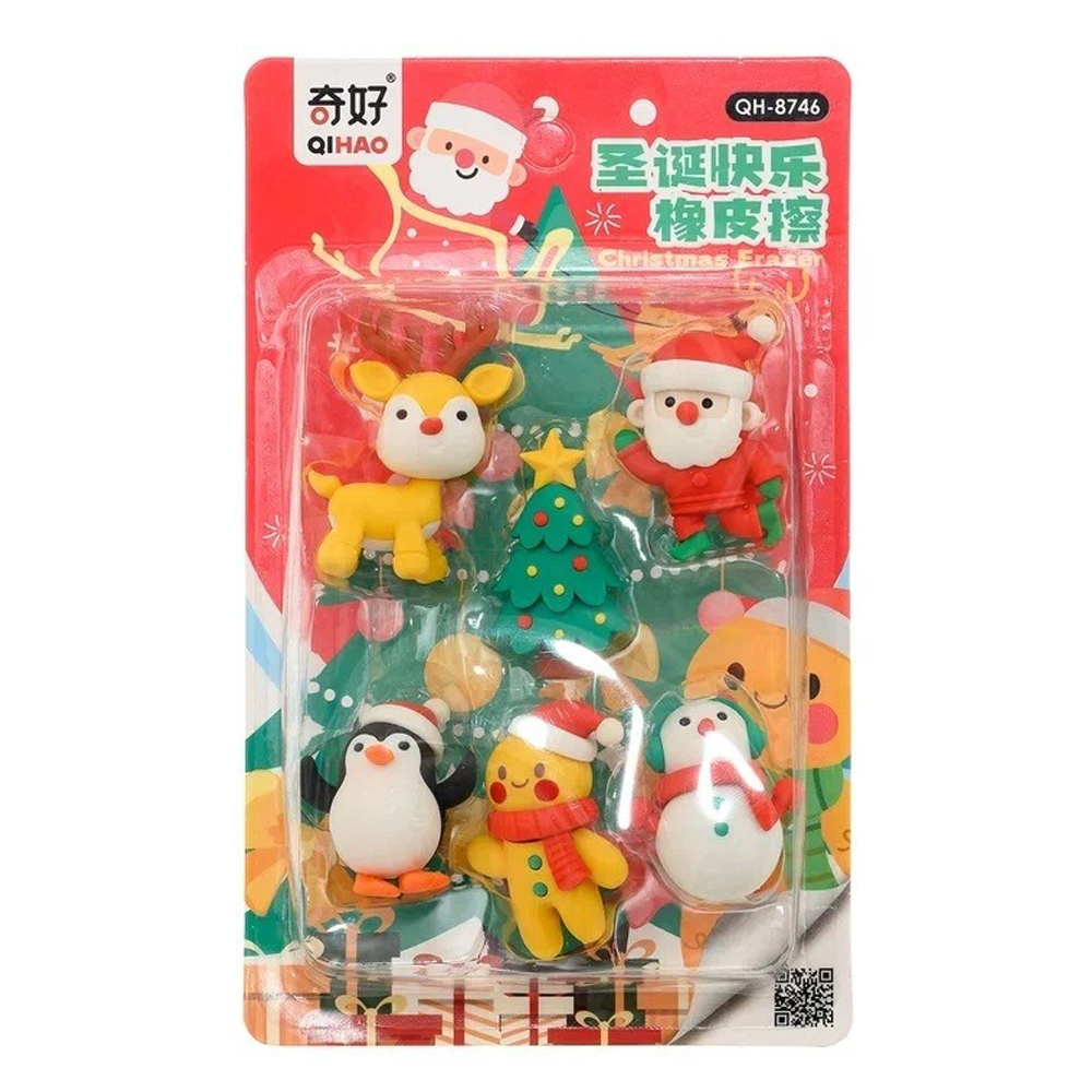 Ластик Qihao, фигурный, разборный, серия "Новогодние", объемный цветной корпус в виде снеговика, Деда Мороза, олененка и елочки, 6 шт