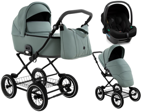 Детская коляска Roan Bass Next Classic Кожа d12 3 в 1 с автокреслом Elo Lux Black RCL303/1 Misty Mint/Grey