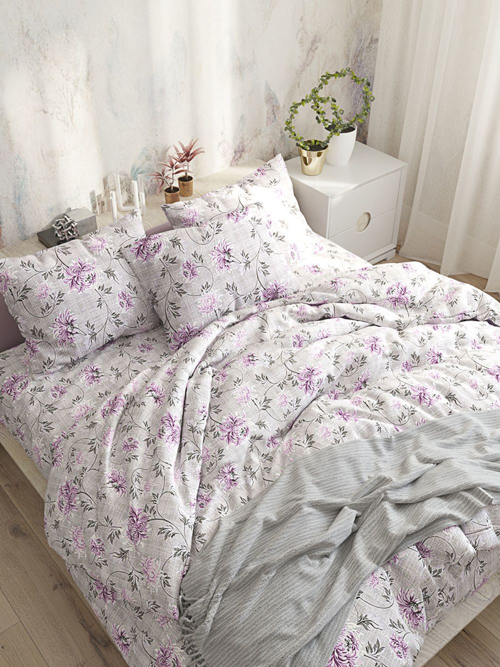 Простынь на резинке Сказка "Хризантемы" 120х200 см, перкаль