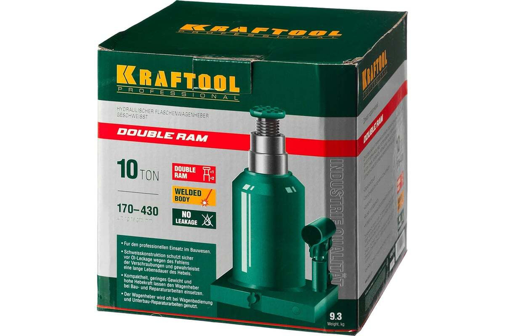 KRAFTOOL  DOUBLE RAM, 10т, 170-430 мм, Двухштоковый бутылочный домкрат с увеличенным подъемом (43463-10)