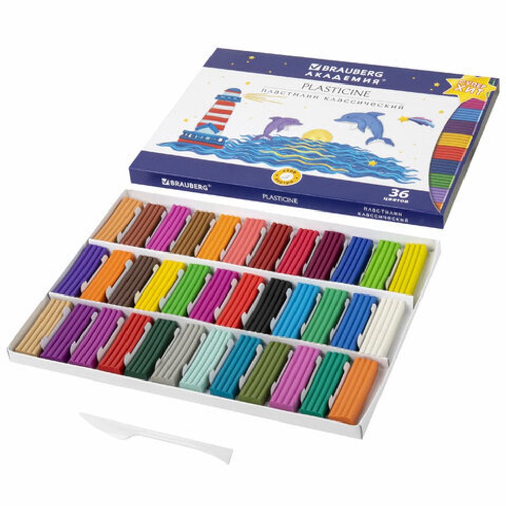 Пластилин классический BRAUBERG "АКАДЕМИЯ ХИТ", 36 цветов, 720 г, стек, ВЫСШЕЕ КАЧЕСТВО, 106425