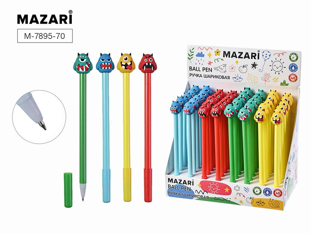 Ручка шарик. 0,7мм. "Funny monster" синяя, cмен.стержень 125мм, цветной корп. 4 дизайна в ассорт. (M