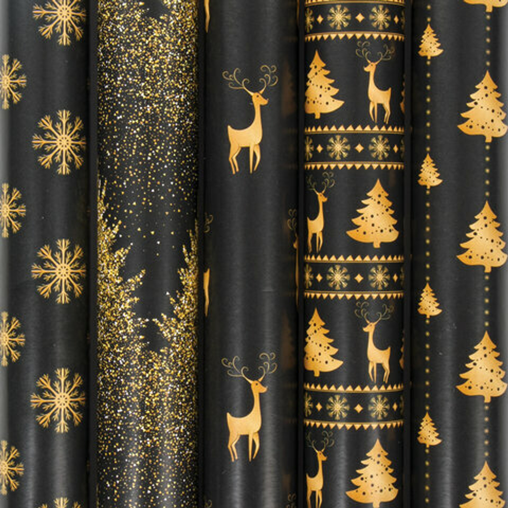 Бумага упаковочная новогодняя 70х100 см ЗОЛОТАЯ СКАЗКА "Black&Gold", 5 дизайнов, 70 г/м2, 591584