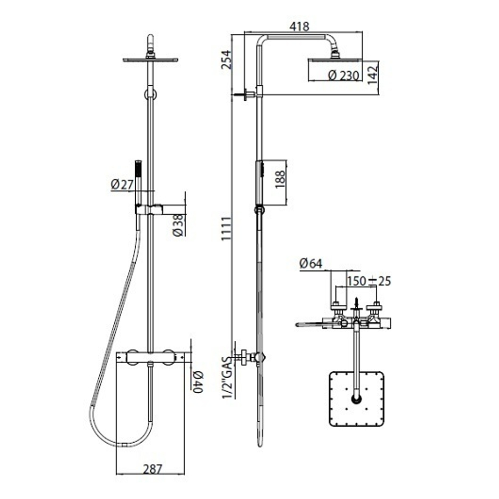 Bossini Cosmo душевая система: термостат, стойка с верхним поворотным душем 230х230 мм, с ручным душем, цвет хром