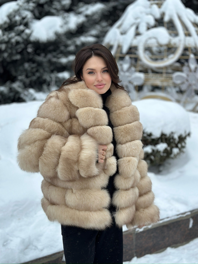 Шуба из песца с воротником «кобра» цвет «медовая куница» 60см