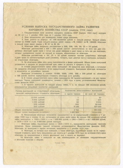 Облигация 100 рублей 1954 год. Серия № 160593. VG-F