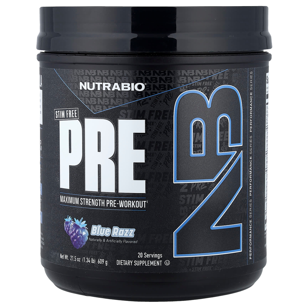NutraBio, PRE-Workout, предтренировочный комплекс, без стимуляторов, со вкусом голубой малины, 609 г (1,34 фунта)