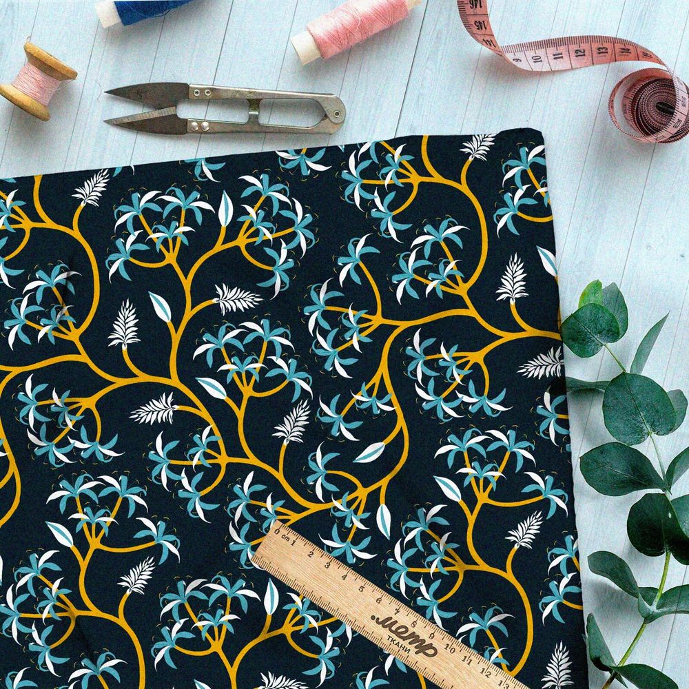 Ткань дюспо голубые цветы на золотых стеблях