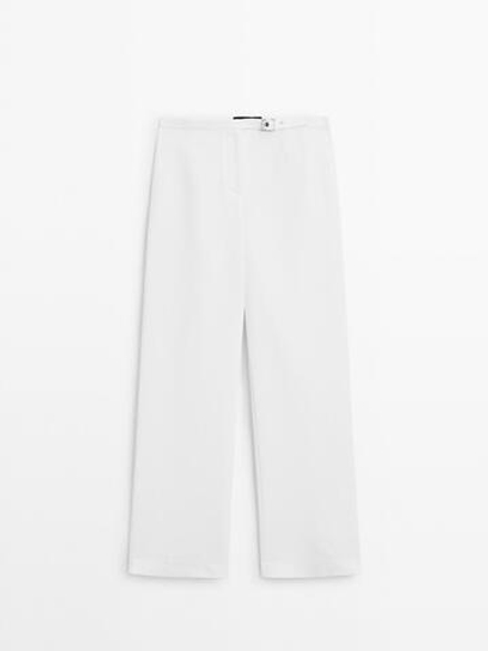 Massimo Dutti Брюки прямого кроя с пряжкой, кремовый