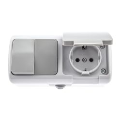 Блок розетка с выключателем Intro Atlantic 5-702-03 двойным 2P+E 10-16А-250В открытой установки гориз. IP54 серый | Intro