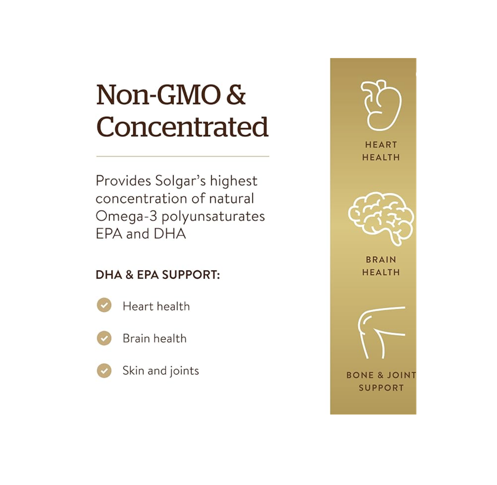 Solgar Triple Strength Omega-3 950 мг, 100 мягких таблеток - Поддерживает здоровье сердечно-сосудистой системы, суставов и кожи - Полезная добавка для сердца - Незаменимые жирные кислоты - Без ГМО, без глютена и молочных продуктов - 100 порций