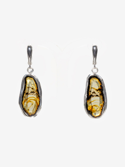 Уникальные серебряные серьги с цельным пейзажным янтарем, серебро 925 пробы