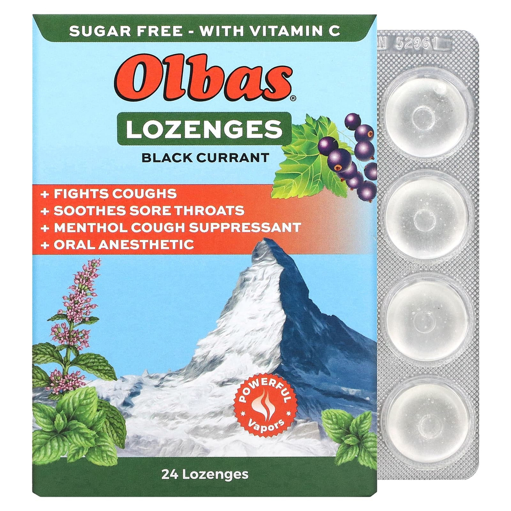 Olbas, Леденцы без сахара со вкусом черной смородины, максимальная эффективность, 24 леденца