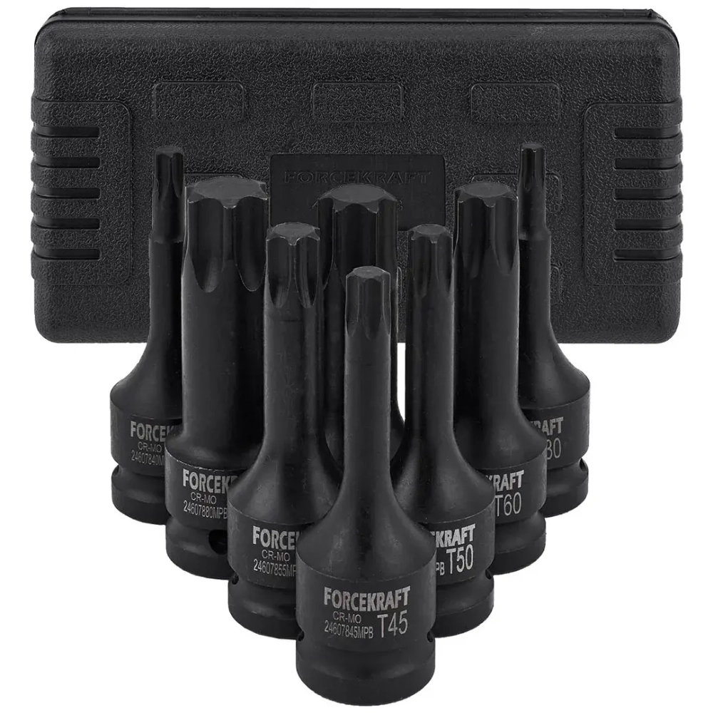Набор головок-бит TORX ударных 8пр.,1/2''(T30, T40, T45, T50, T55, T60, T70, T80), в кейсе FORCEKRAFT FK-4088MPB