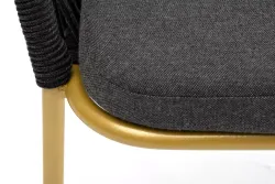 "Марсель" стул плетеный из роупа, каркас из стали золотой глянец, роуп темно-серый круглый, ткань серая