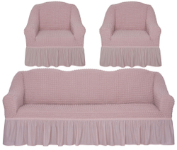Комплект чехлов на трехместный диван и кресла с оборкой, цвет Пудра