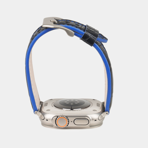 Ремешок для Apple Watch Ultra 49mm из кожи крокодила черного цвета с синей строчкой