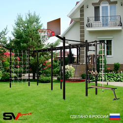 Уличная шведская стенка Sv Sport рукоход х 2 с комплектом турник прямой 2шт У52877.2К (Турник/Брусья/Стойка/Скамья/Гнездо 115см/Щит баскет/Кронш бокс/Канат/кольца/лестница/Сетка)