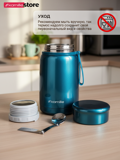 Термос для еды 800 мл. Kamille KM 2148 из нержавеющей стали с ложкой и ручкой